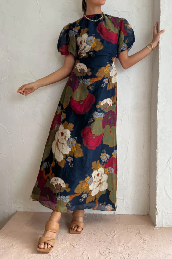 Fashion Printed Backless Short Sleeve Long Skirt Flared Sleeve A- Line Skirt