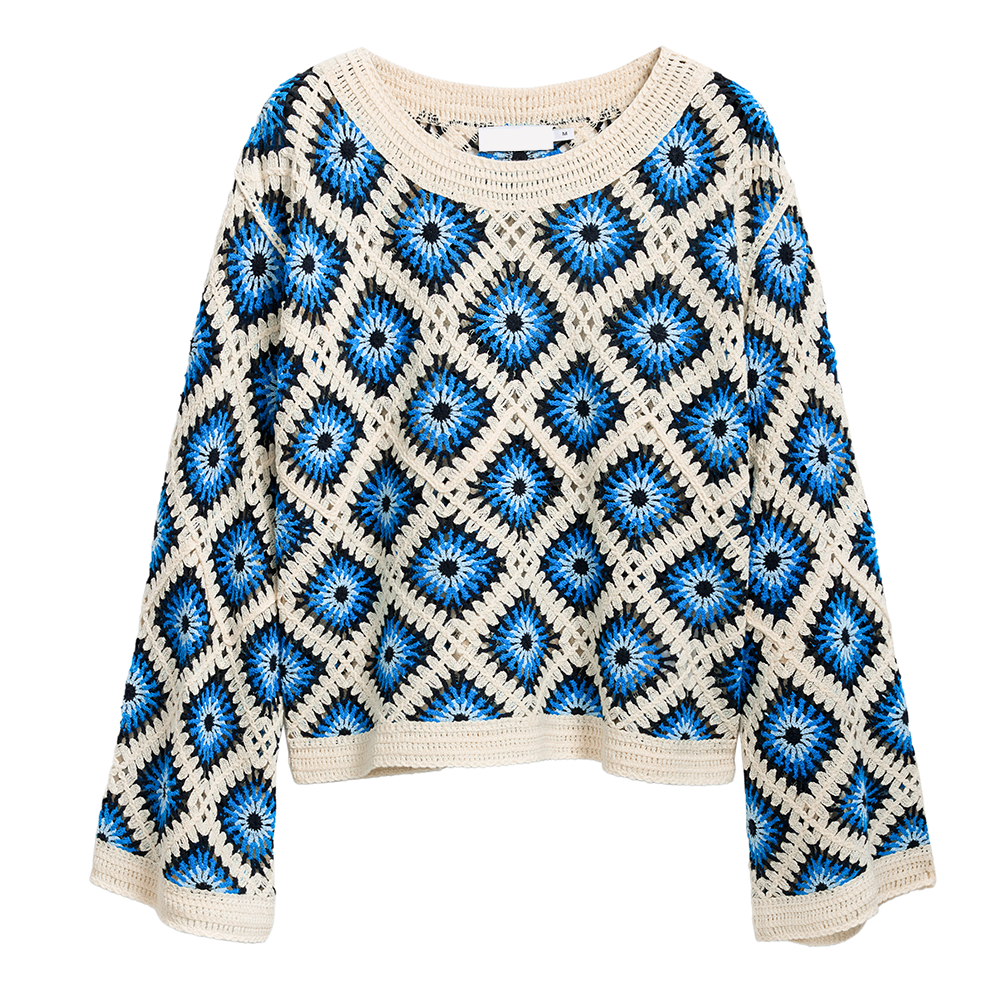 French Crewneck Crochet Cutout Sunscreen Blouse