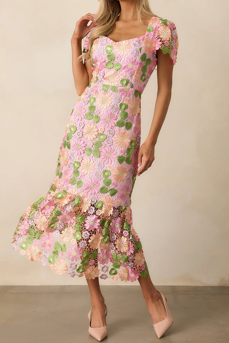 Embroidered Floral Hollow Long Dress