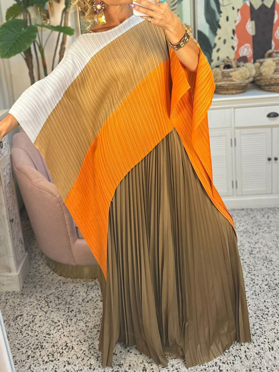 Irregular Color Block Pleated Two Pieces Set