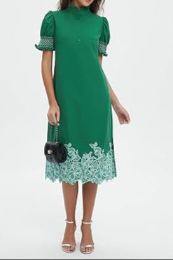 Bubble Sleeve Green Embroidered Dress