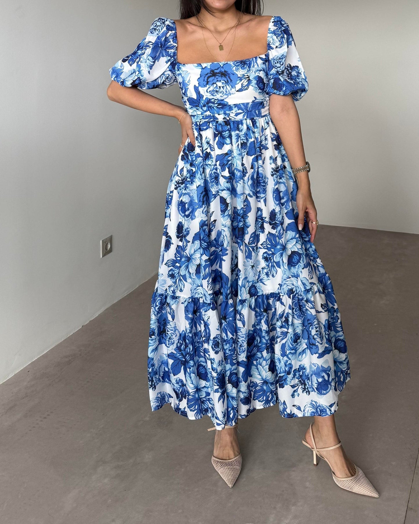 Blue Floral Square Neck Dress