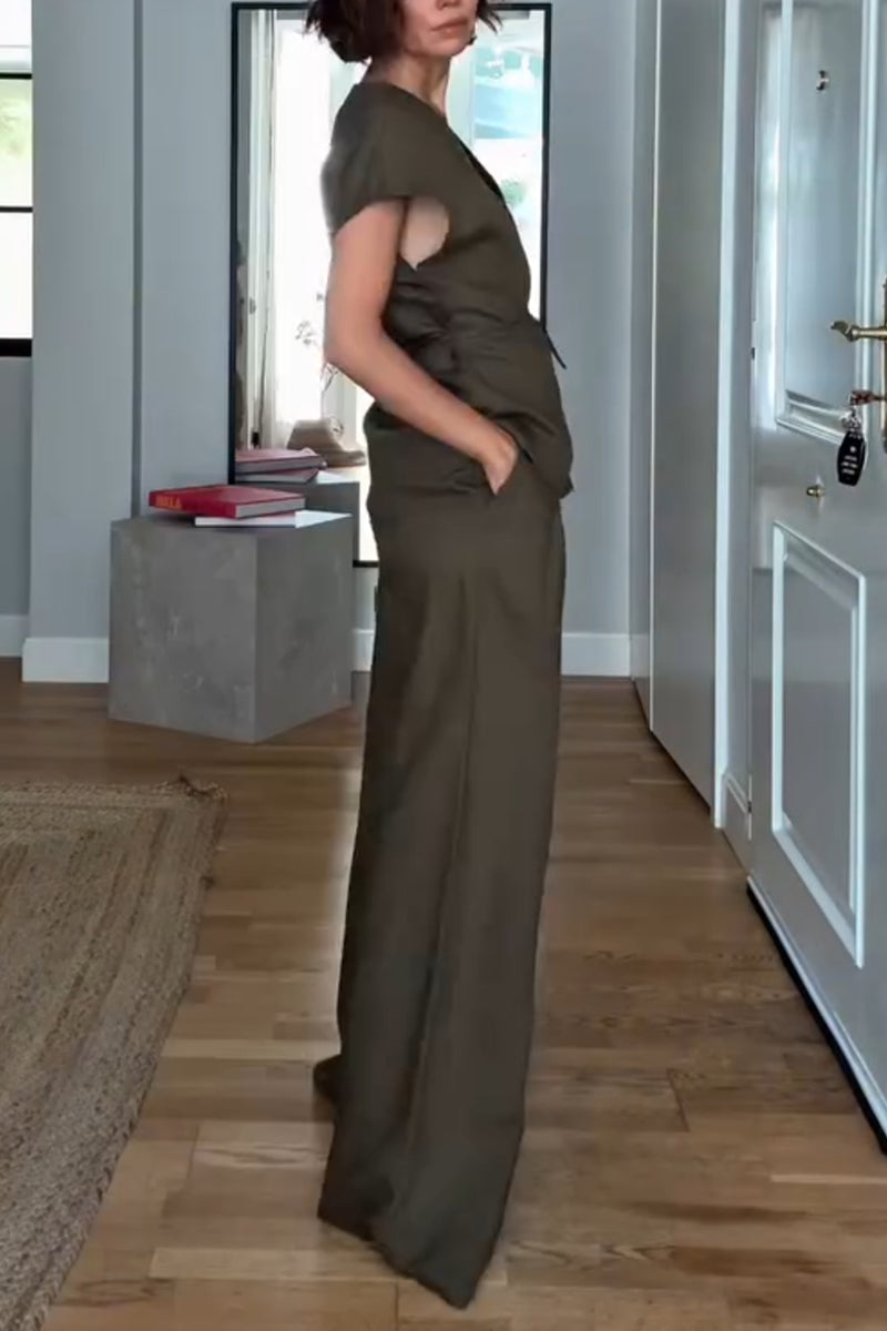Sleeveless Vest Wide Leg Trousers Suit, Gray-green