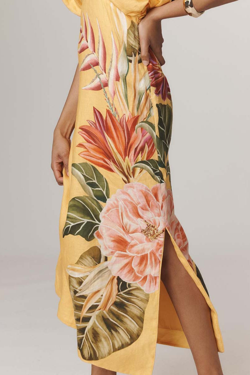 Printed V-neck Short Bubble Sleeve Dress