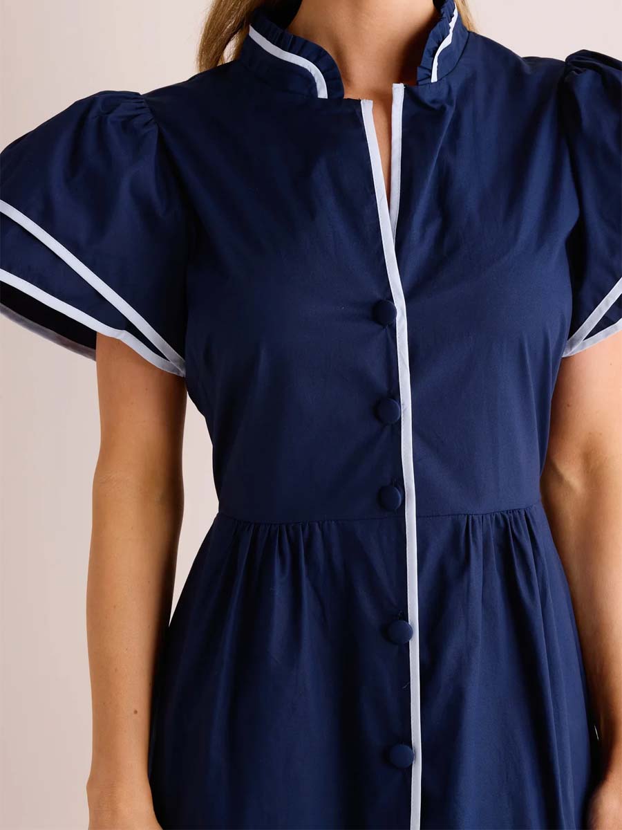 Band Collar Flounced Hem Maxi Dress