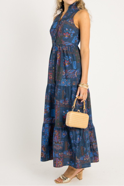 Ethnic Print Tiered Collared Maxi Dress