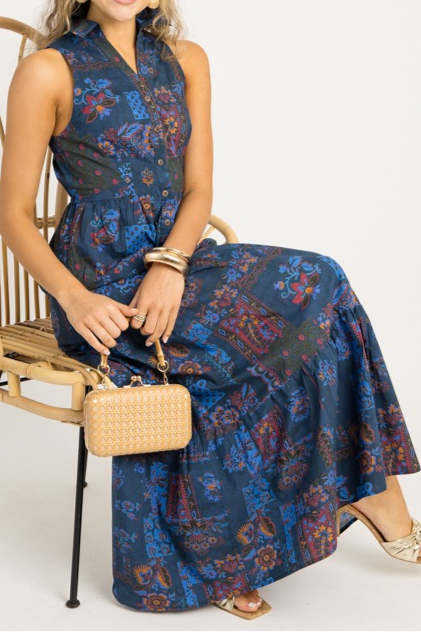 Ethnic Print Tiered Collared Maxi Dress