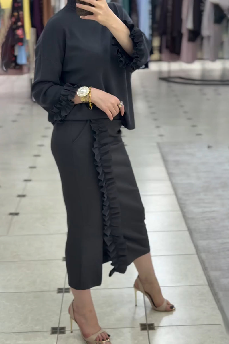 Black Lace Pleated Skirt Suit