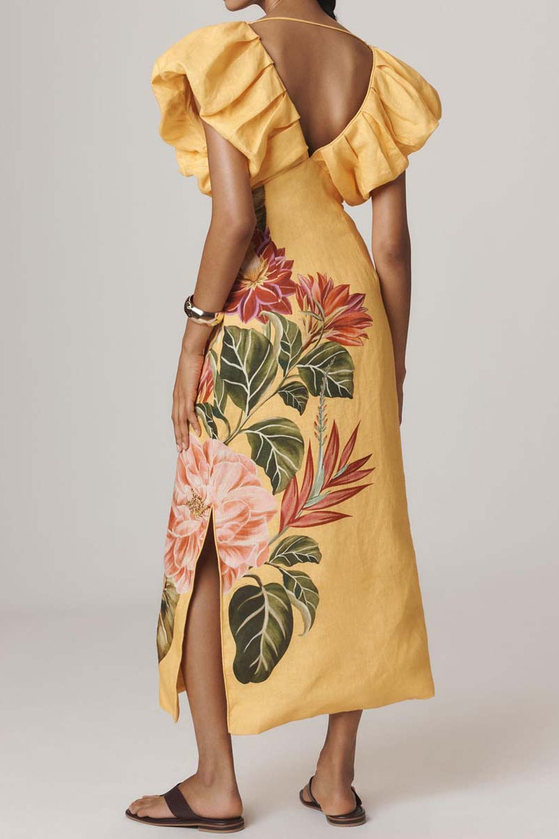 Printed V-neck Short Bubble Sleeve Dress