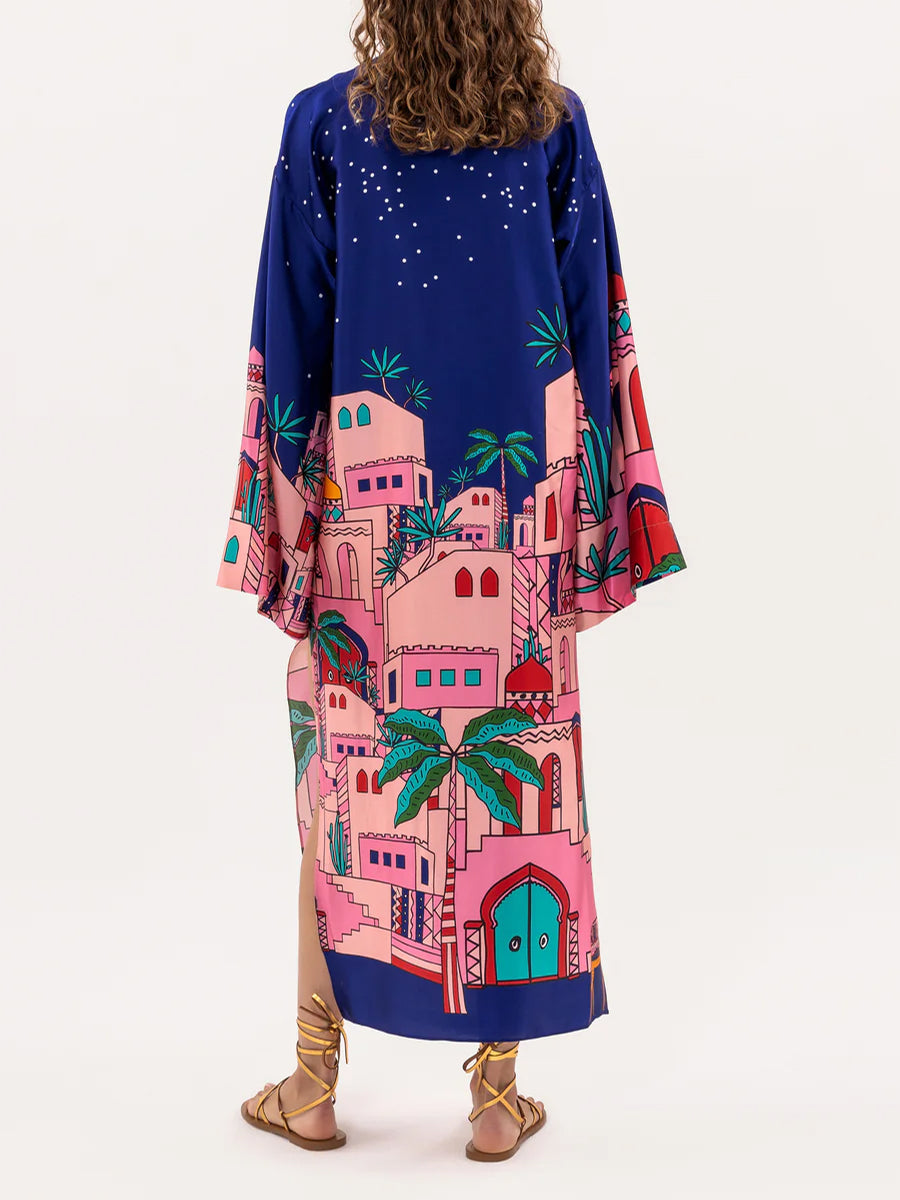 Printed Long Sleeve Stain Dress