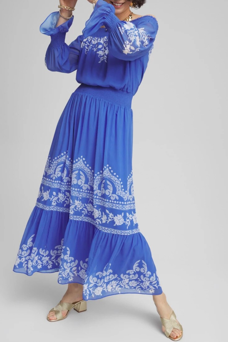 Open-Shoulder Laminated Long Dress