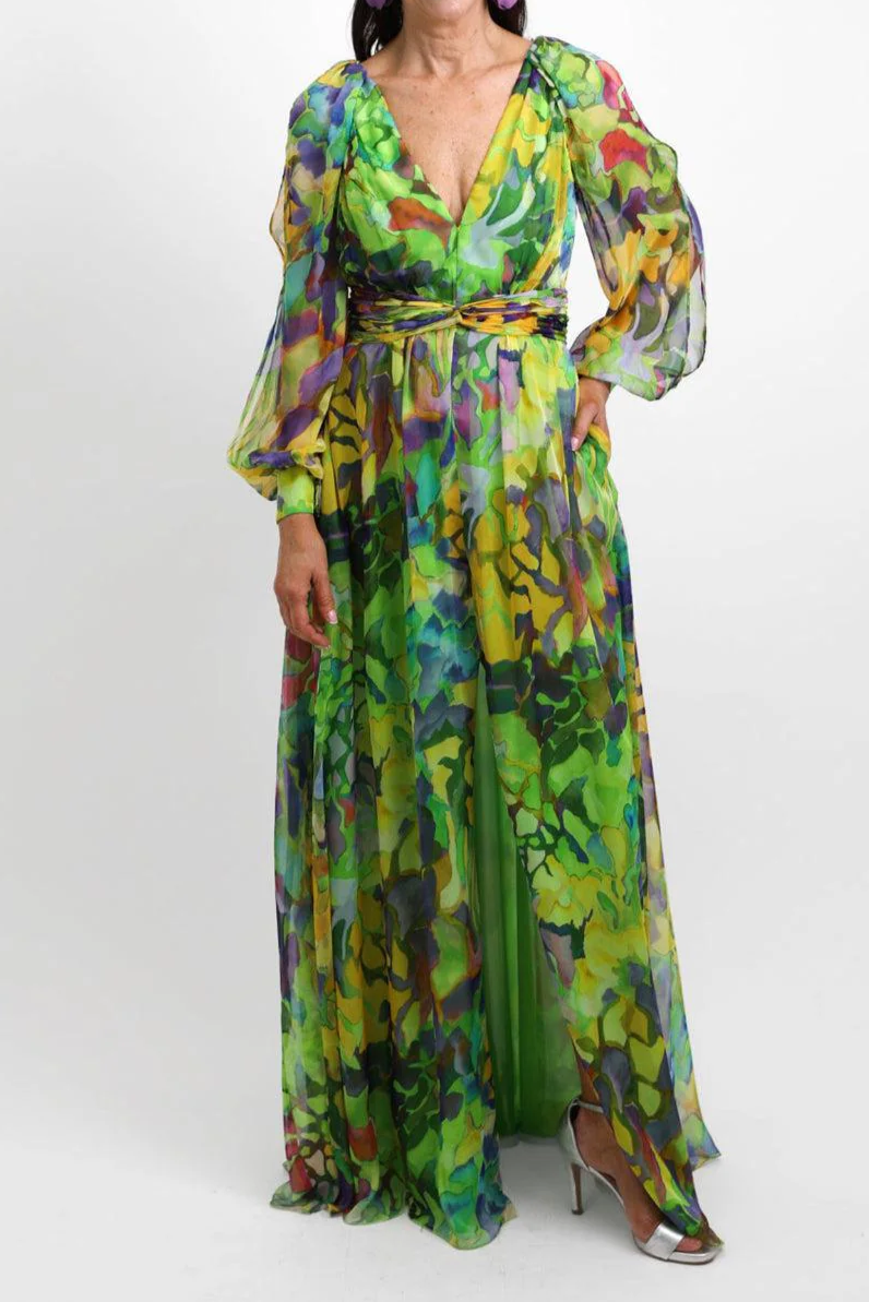 Green Printed Chiffon Long Sleeve Dress