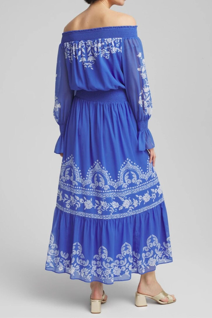Open-Shoulder Laminated Long Dress
