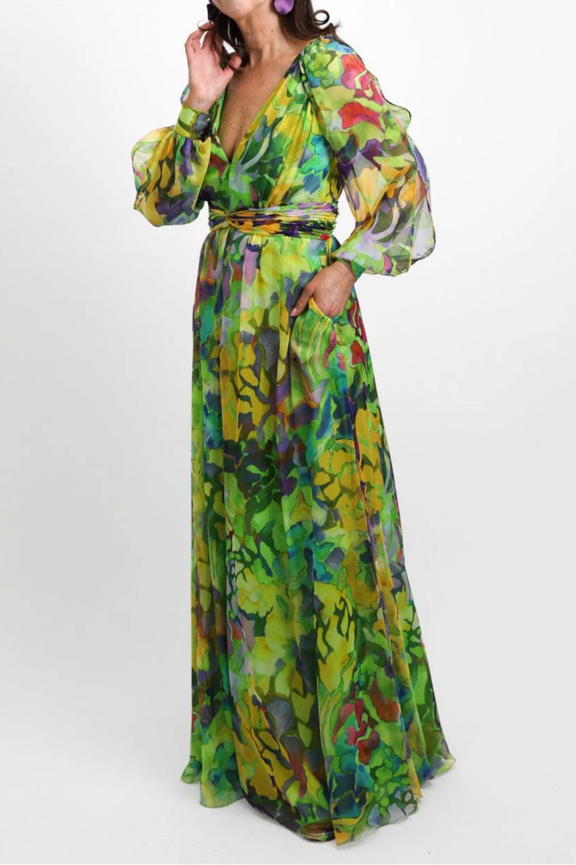 Green Printed Chiffon Long Sleeve Dress