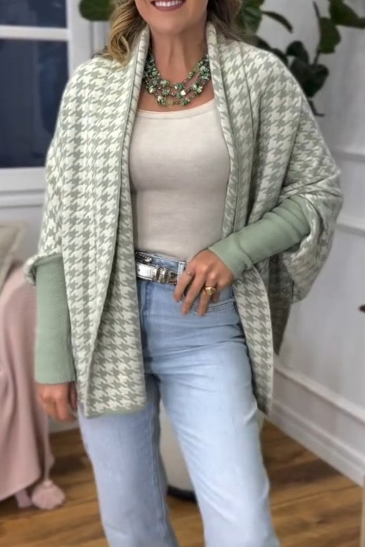 Houndstooth Batwing Sleeve Patchwork Coat