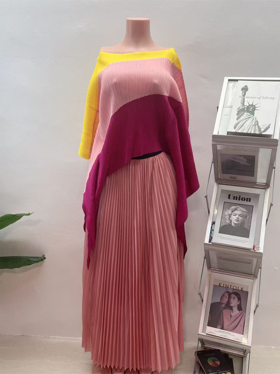 Irregular Color Block Pleated Two Pieces Set