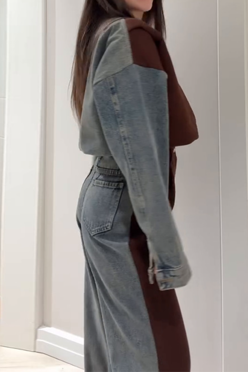 Women's Zipper Long Sleeve Coat Straight Trousers Stitching Two-piece Set