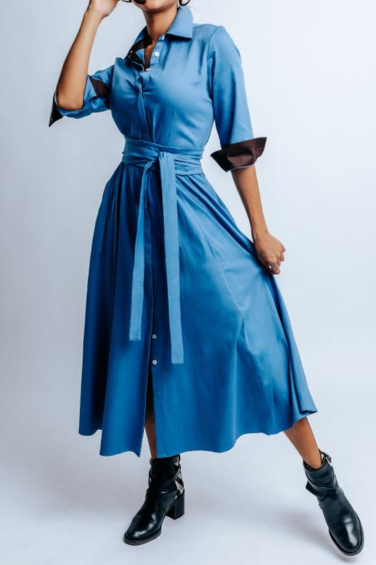 Blue Belted Midi Shirt Dress