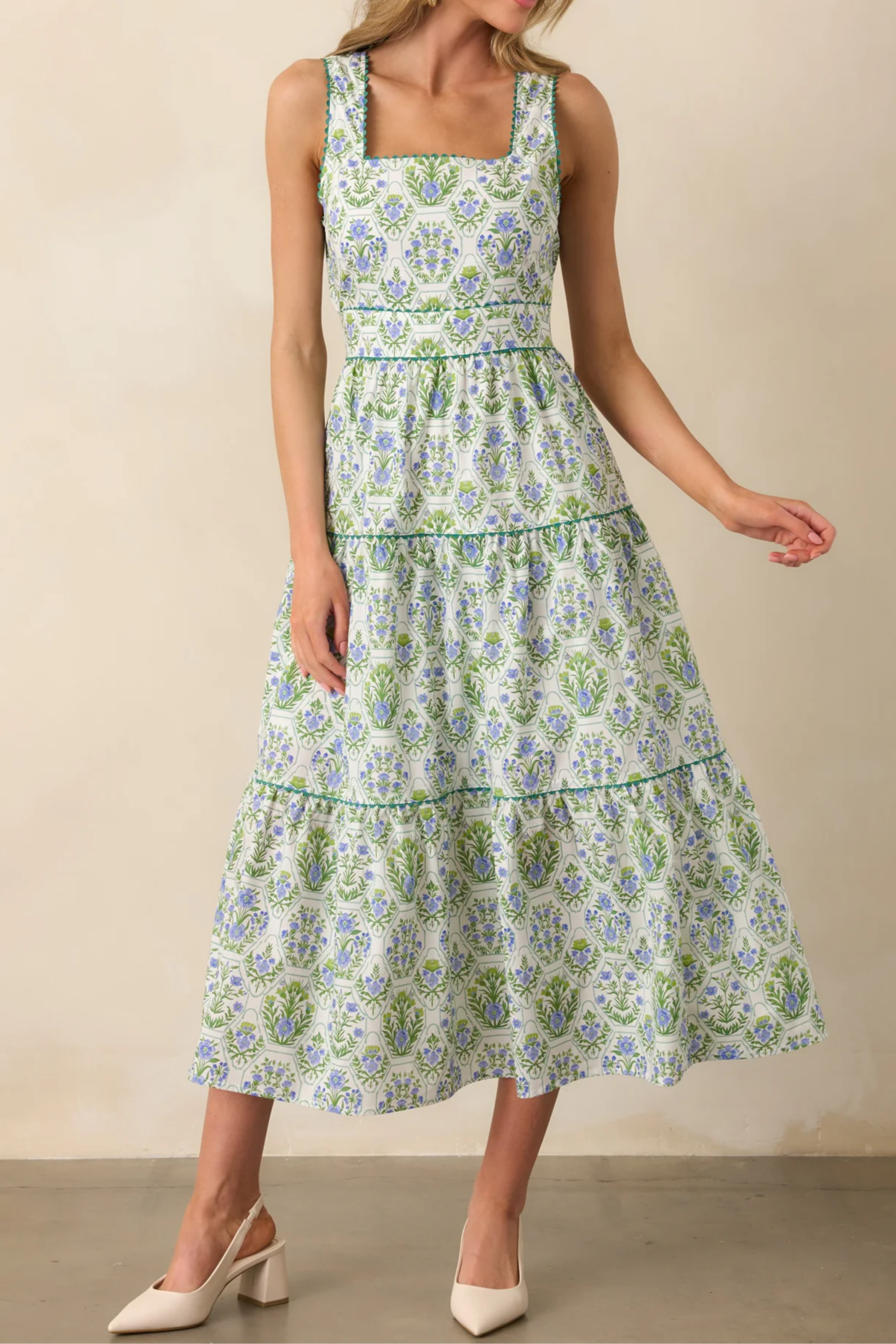 Green Geometric Floral Cotton Maxi Dress