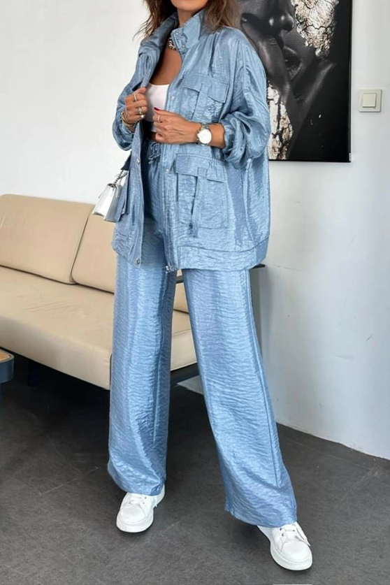 Straight Trousers, Solid Color Fashion Long Sleeve Jacket Two-piece