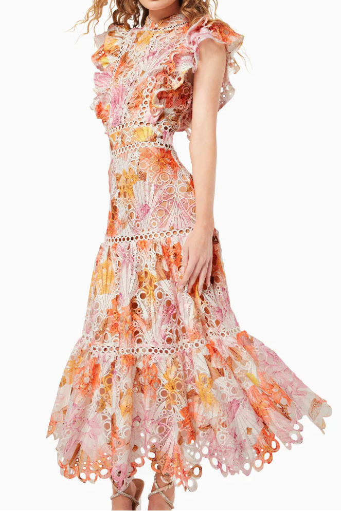 Ruffled Printed Embroidered Hollow Long Skirt