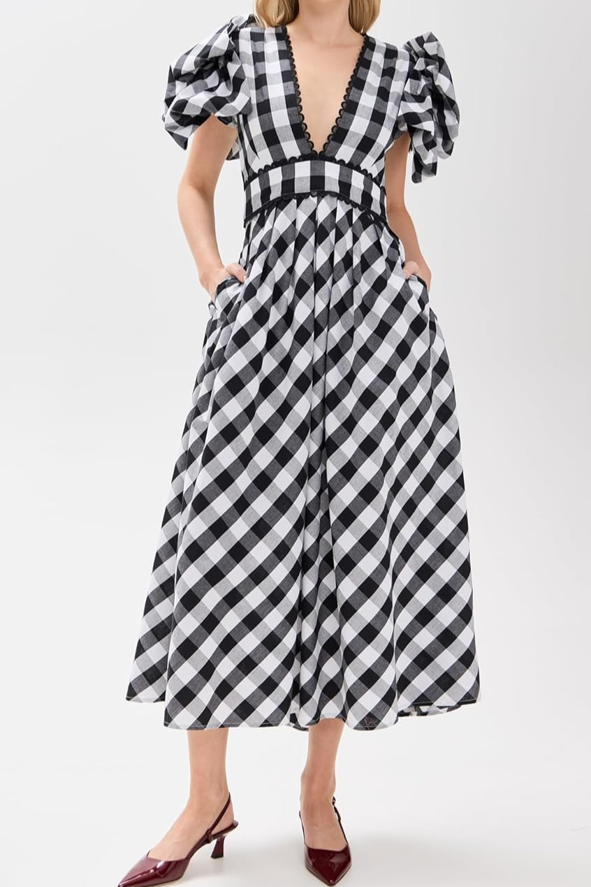 Black And White Plaid Deep V Bubble Sleeve Long Dress