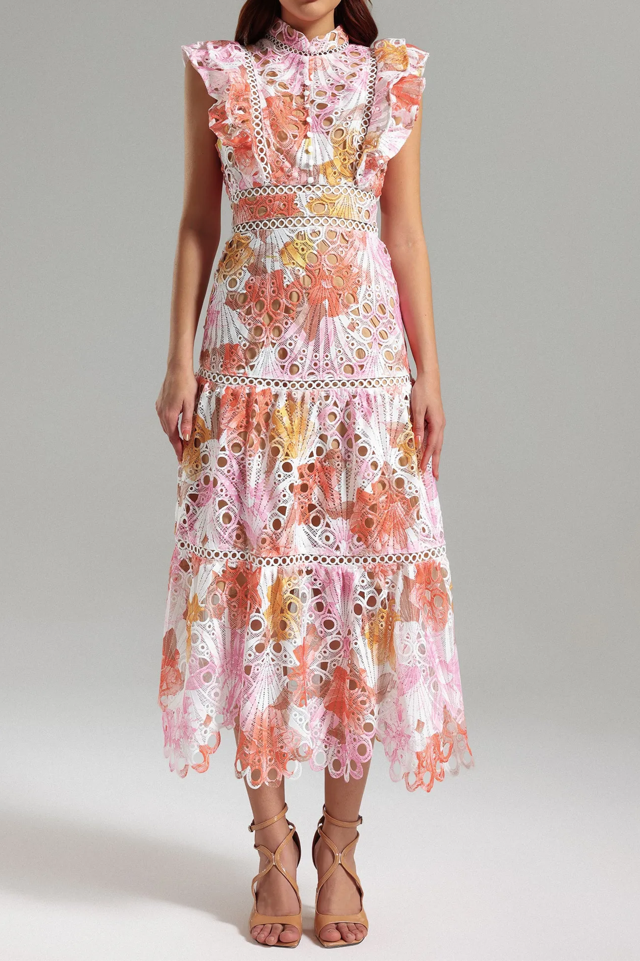 Ruffled Printed Embroidered Hollow Long Skirt