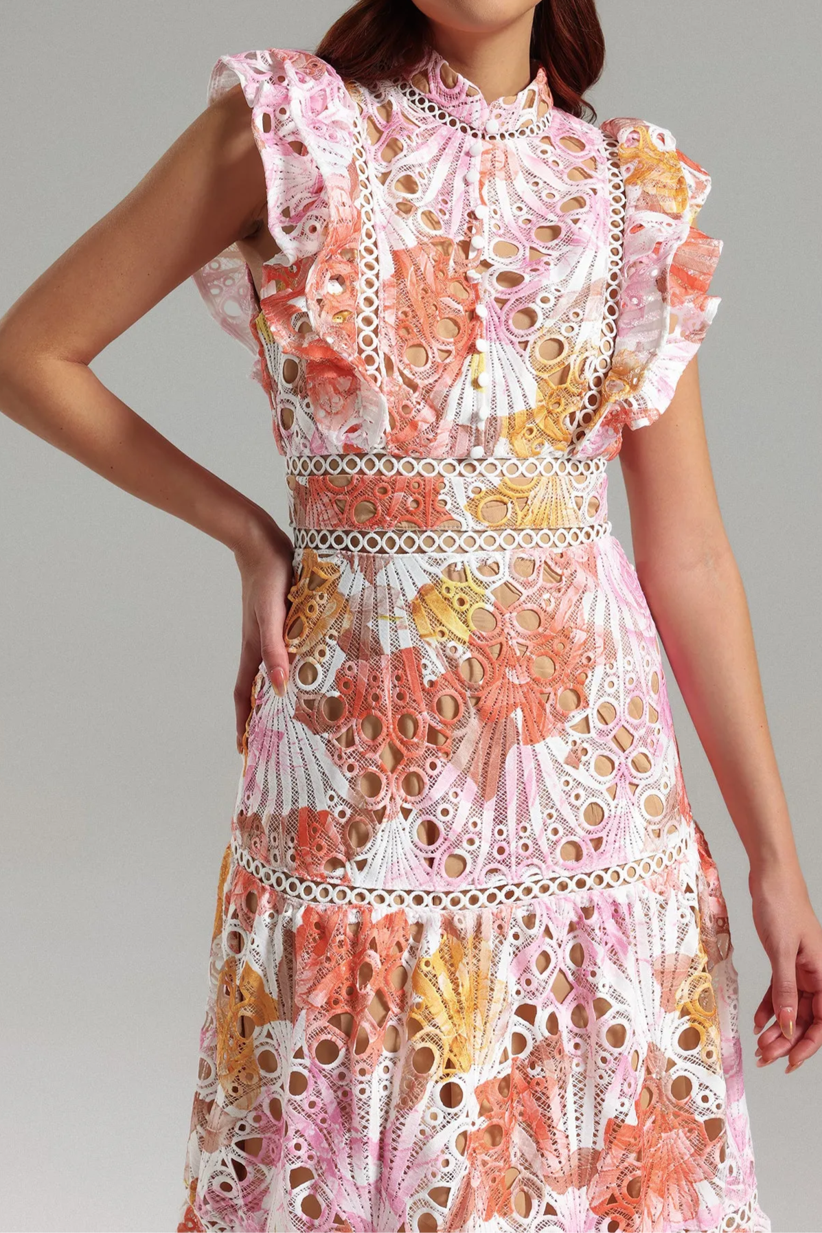 Ruffled Printed Embroidered Hollow Long Skirt