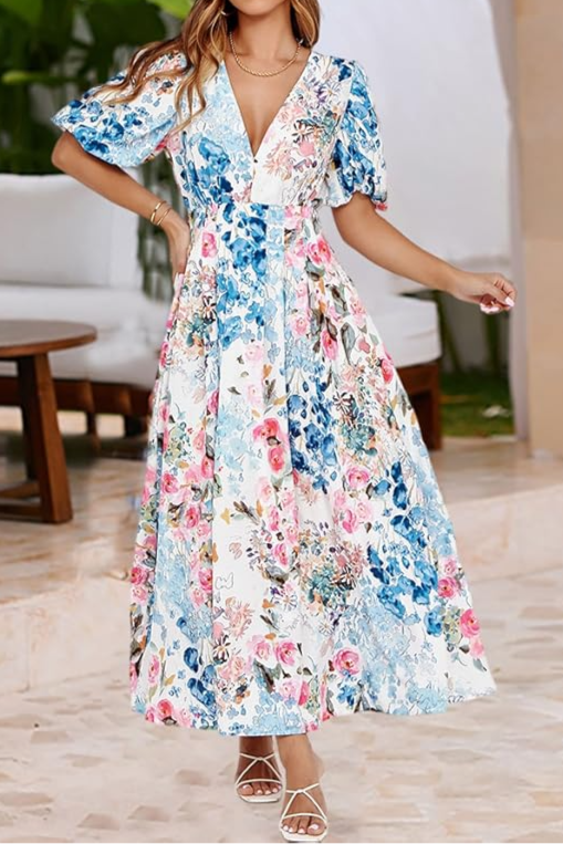 Blue and Pink V-neck Floral Dress