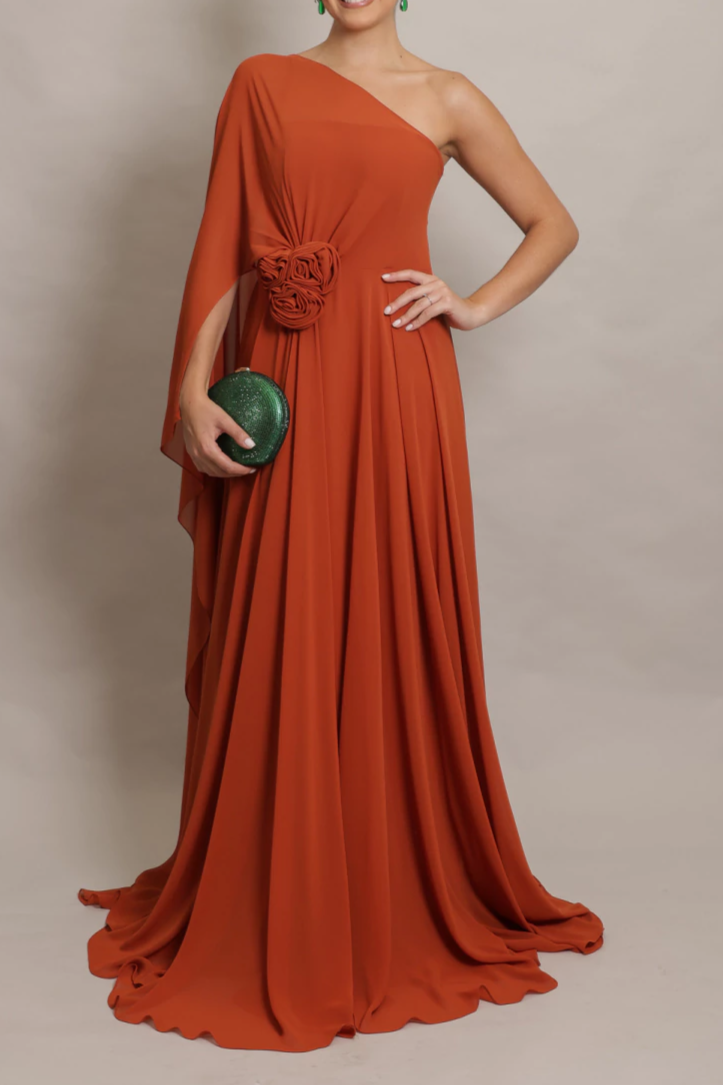 Long One-shoulder Dress With Cape