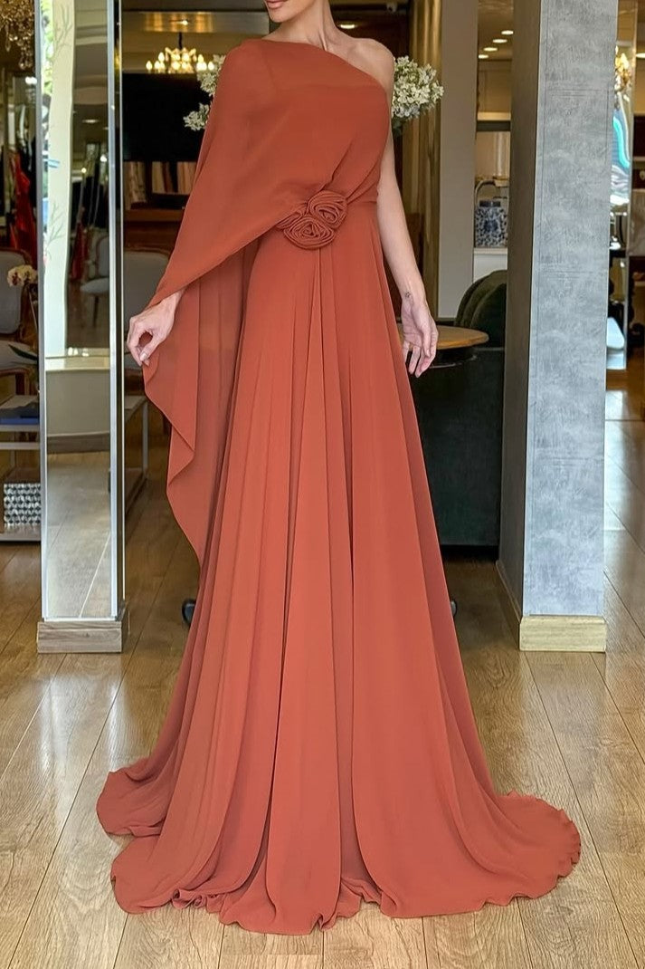 Long One-shoulder Dress With Cape
