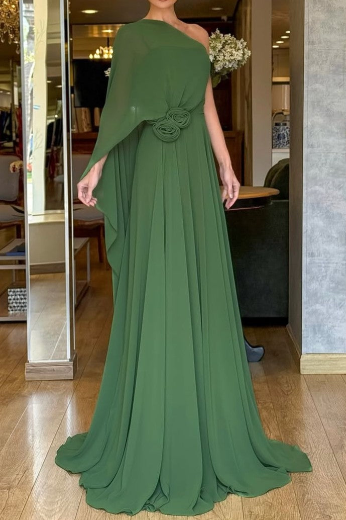 Long One-shoulder Dress With Cape