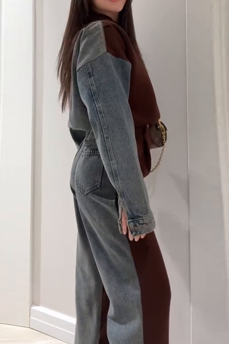 Women's Zipper Long Sleeve Coat Straight Trousers Stitching Two-piece Set