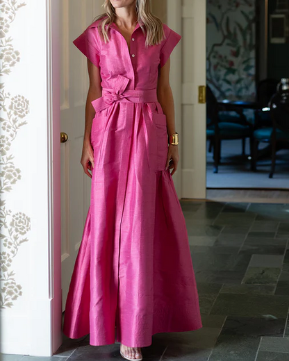 Pink Long Skirt With Double Pocket Shirt Collar