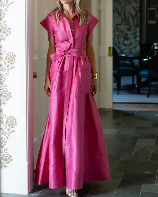 Pink Long Skirt With Double Pocket Shirt Collar