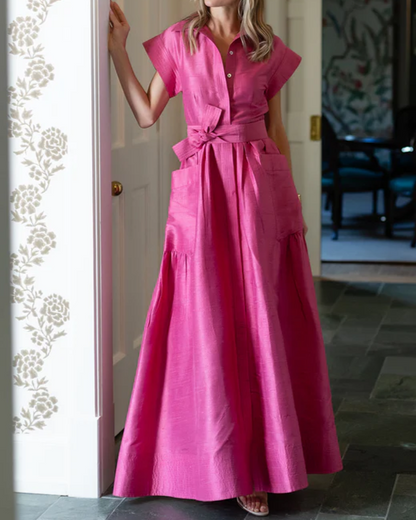 Pink Long Skirt With Double Pocket Shirt Collar