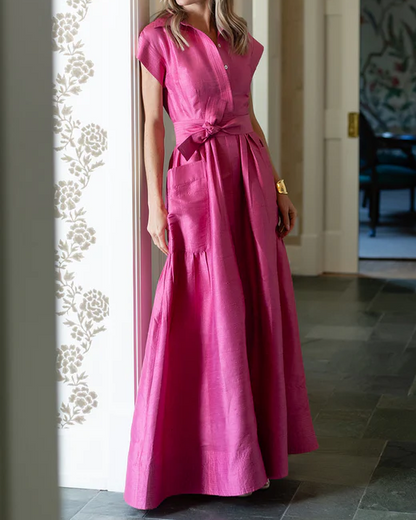 Pink Long Skirt With Double Pocket Shirt Collar
