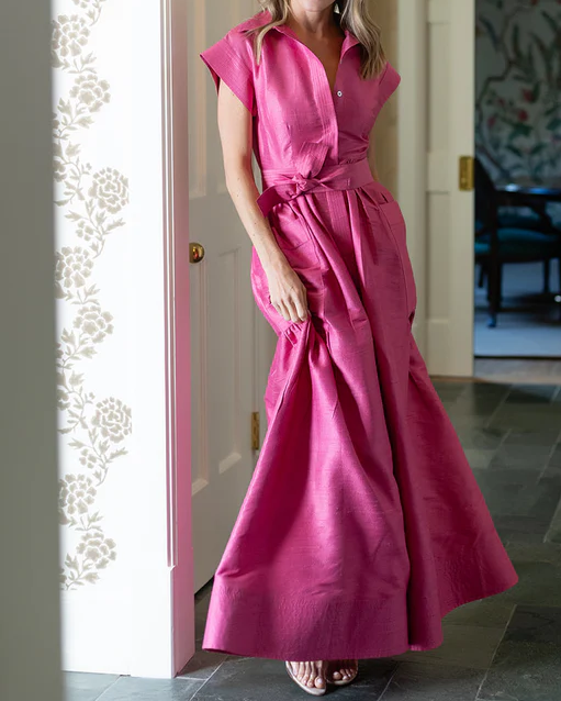 Pink Long Skirt With Double Pocket Shirt Collar