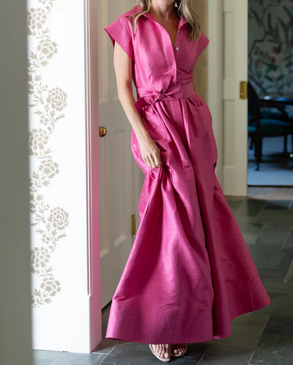 Pink Long Skirt With Double Pocket Shirt Collar