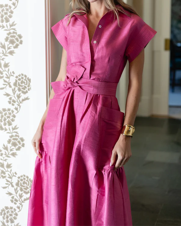 Pink Long Skirt With Double Pocket Shirt Collar