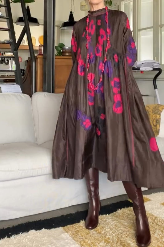 Dark Brown Loose Long Sleeve Lace Dress