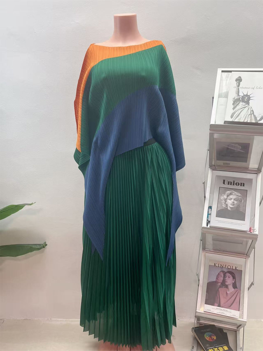 Irregular Color Block Pleated Two Pieces Set