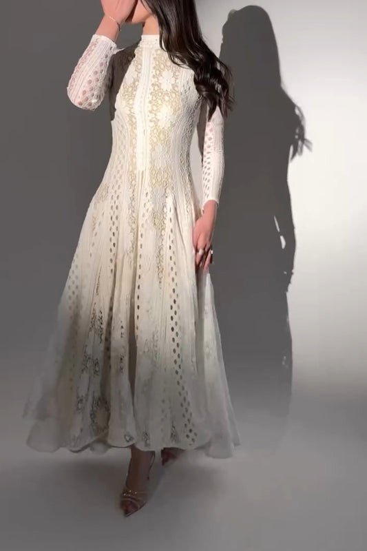 Flower Lace Long Sleeve Round Neck Elegant Dress