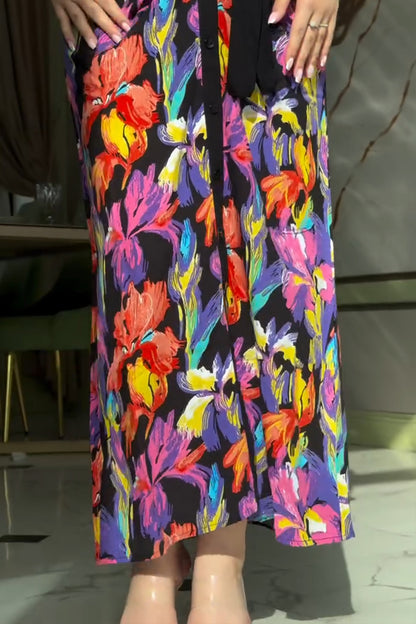 Color Printed Black Short-sleeved Shirt With Long Dress