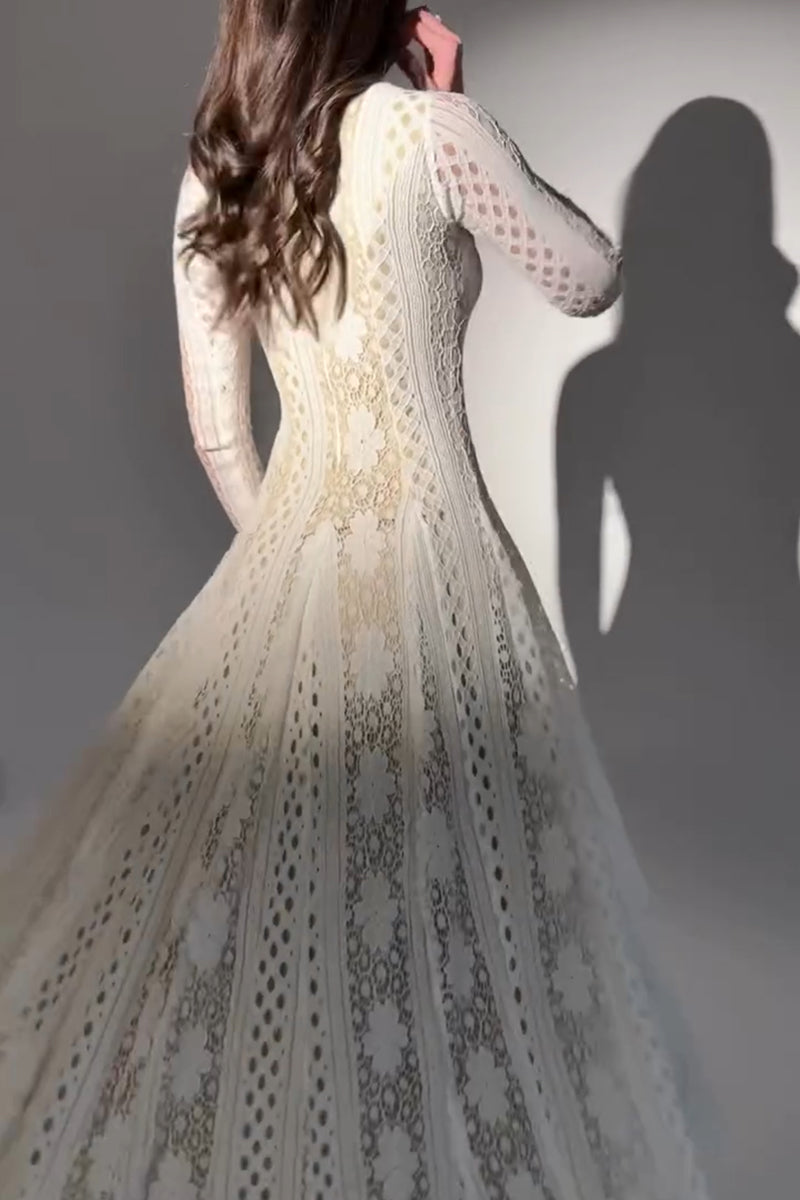 Flower Lace Long Sleeve Round Neck Elegant Dress