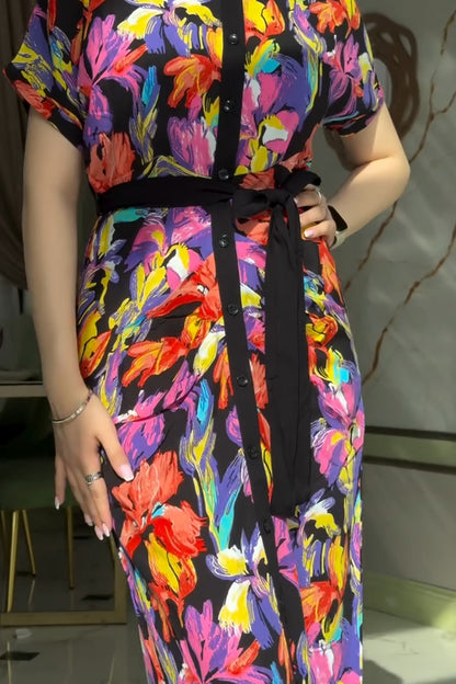Color Printed Black Short-sleeved Shirt With Long Dress
