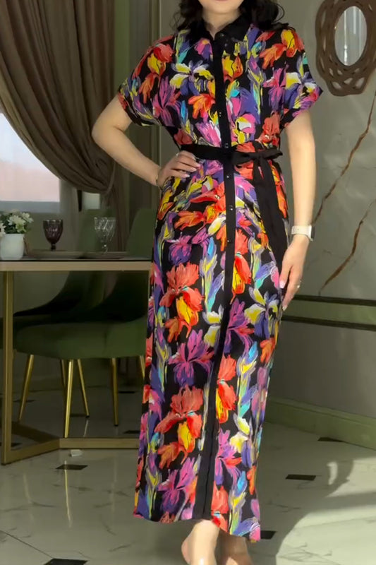 Color Printed Black Short-sleeved Shirt With Long Dress