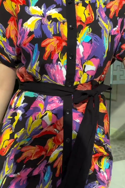 Color Printed Black Short-sleeved Shirt With Long Dress