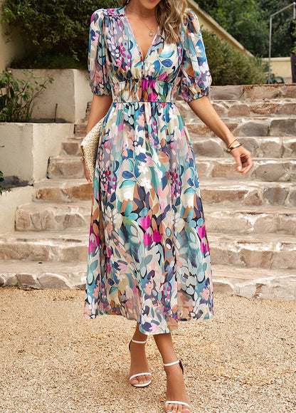 Waist V-neck Printed Dress
