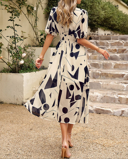 Waist V-neck Printed Dress